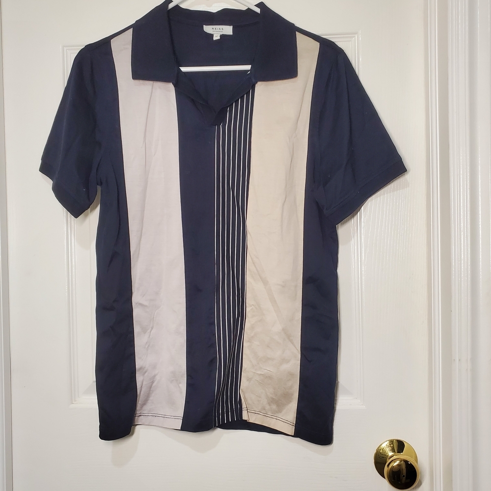 Men's Reiss Navy and Beige Striped Shirt